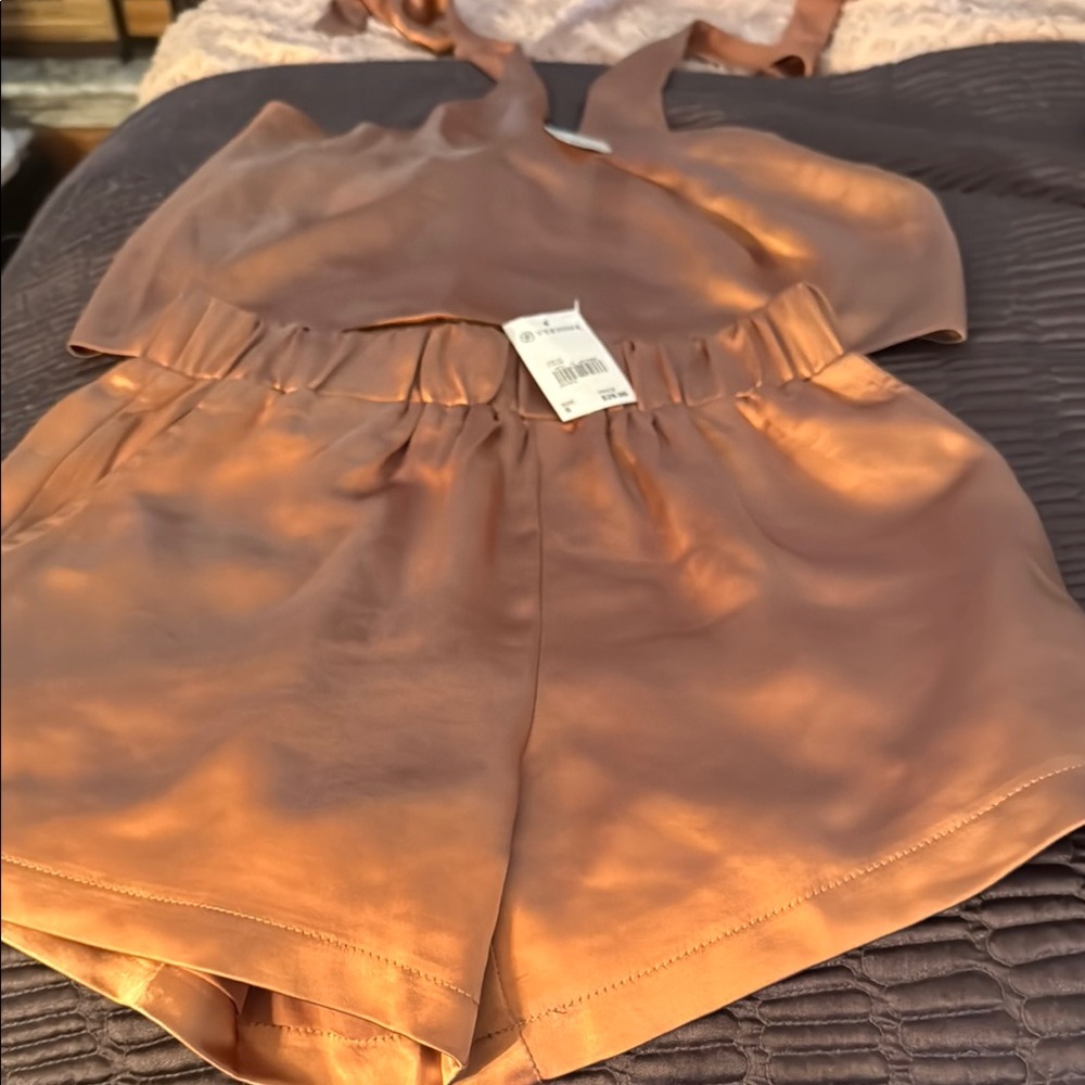 Satin Sleeveless Romper in Copper